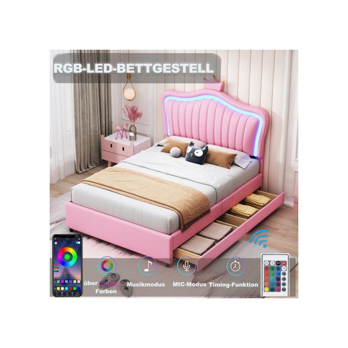 Lit enfant - MUVOE - Lit capitonné 90x200 cm - Similicuir rose - 2 tiroirs de rangement - LED multicolore