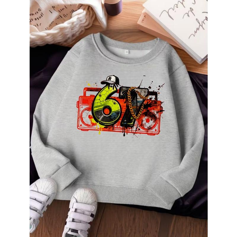 Unisex Kids Crewneck Sweatshirt For Over 4 Years Old Boys Girls Hip Hop Graffiti Radio Cap Chain Number 67 Print Long Sleeve Pullover For 4-12 Kids
