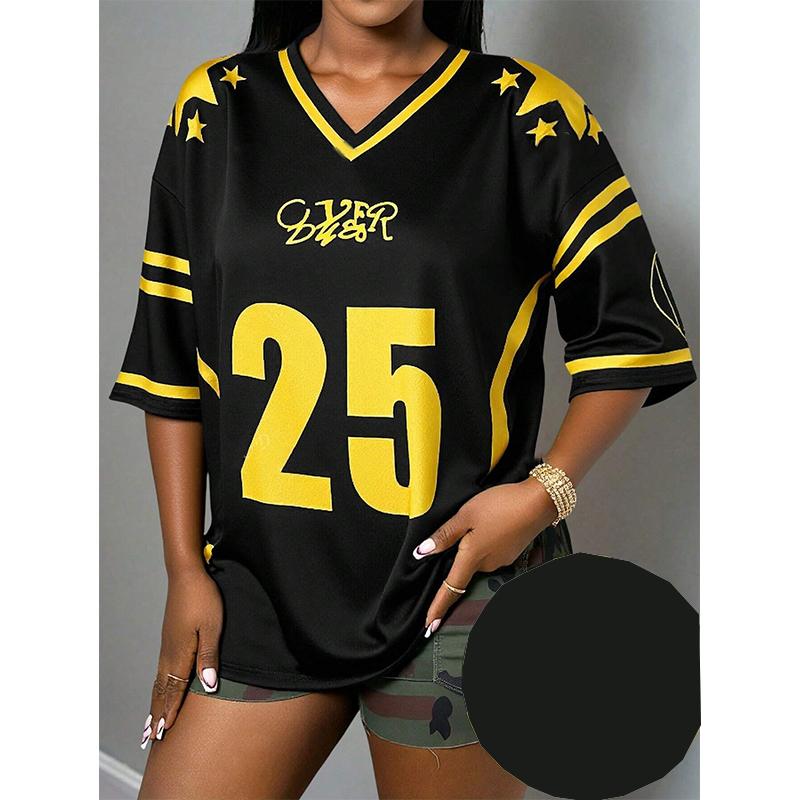 Women'S T-Shirt With Digital Print V-Neck Loose Sports Short Sleeved Yellow Black Contrasting Casual Top Tee