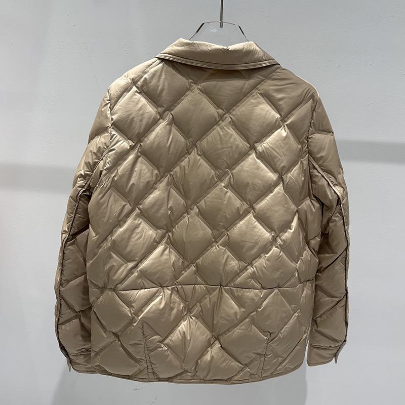 Autumn and Winter Small Lapel Collar Fashion Rhombus Grid Pressed Glue Short Double-sided Wear White Duck Down Jacket Women's Winter Coat