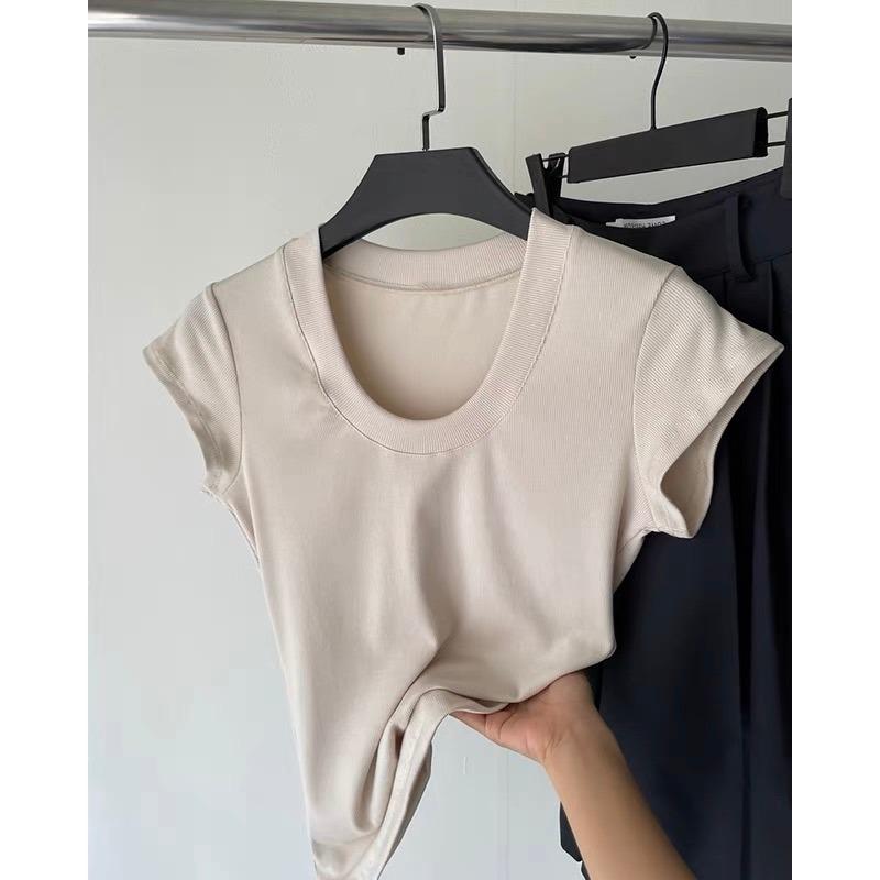 Letní bílé slim fit tričko s krátkým rukávem pro volný čas Dámské slim U-výstřih Kancelářská dáma Tričko Topy Elegantní Jednobarevné Jednoduchá trička Dámské oblečení 24226