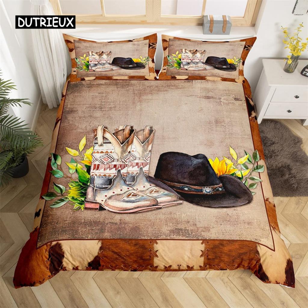 Exotic Farmhouse Western Cowboy Duvet Cover Set Twin King  Floral Bedding Set Cowhide Patchwork Comforter Cover Bedroom Decor