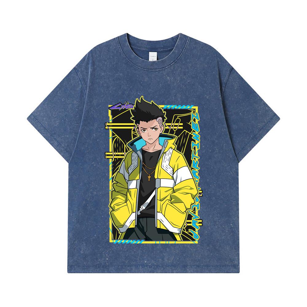 

275 GSM Washed T-shirts 100% Cotton Cyberpunk Edgerunners V7 David Print Unisex Heavy Cotton T Shirt 2XL