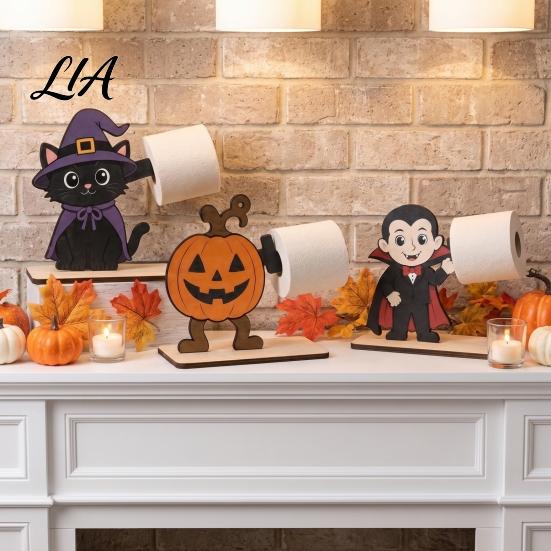 Spooky Bathroom Tissue Storage 2Pcs Halloween Paper Towel Holder, Cartoon Animal Tabletop Roll Dispenser, Wooden Desktop Dispenser Stand for