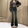 Cement Gray Women's High Waist Retro Micro-Flare Jeans, Slimming Mop-Length, Small To Plus Sizes, for Spring and Autumn.