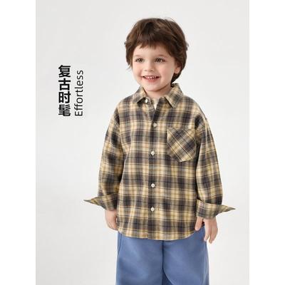Right European Boys' Academy Style Plaid Shirt Children's Pure Cotton Spring and Autumn Clothing 2026 New Children's Clothing Baby Shirt Top