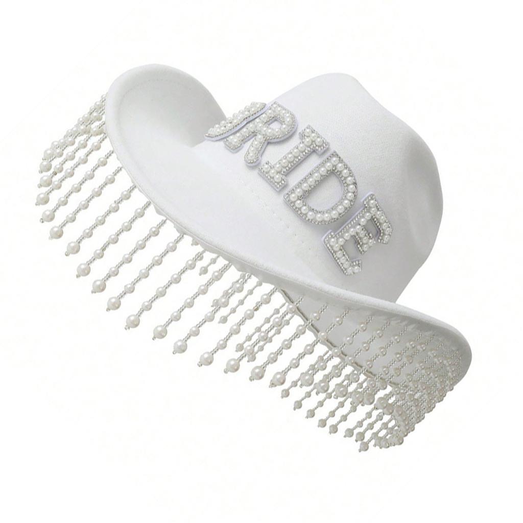 Roll Brims Cowboy Hat for Bride Bridesmaids Elegant Tassels Bead Cowgirl Hat Theme Party Costume Halloween Dress Up Hat
