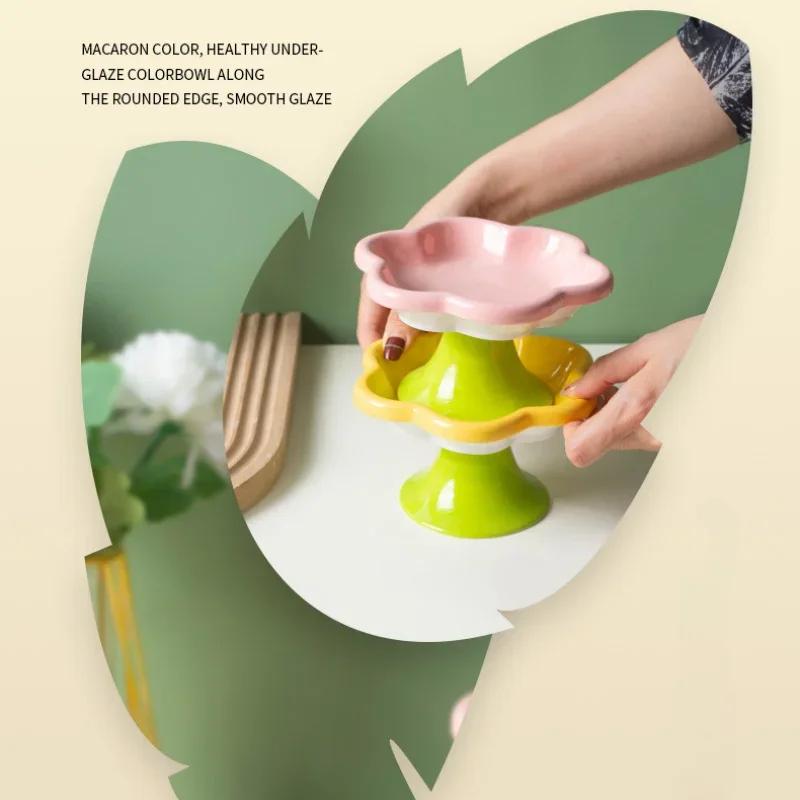 Tigela de cerâmica elevada para gatos com design de flores, tigela elevada para comida de gato, prato de água, prato para lanche com suporte para proteção do pescoço