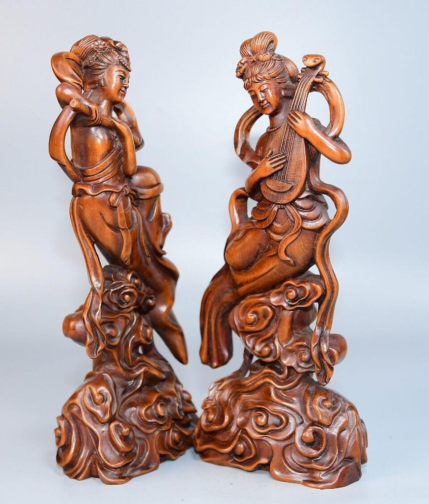 Chinese Antique Boxwood Carved Beautiful Woman Statue Sculpture Home Decor Art