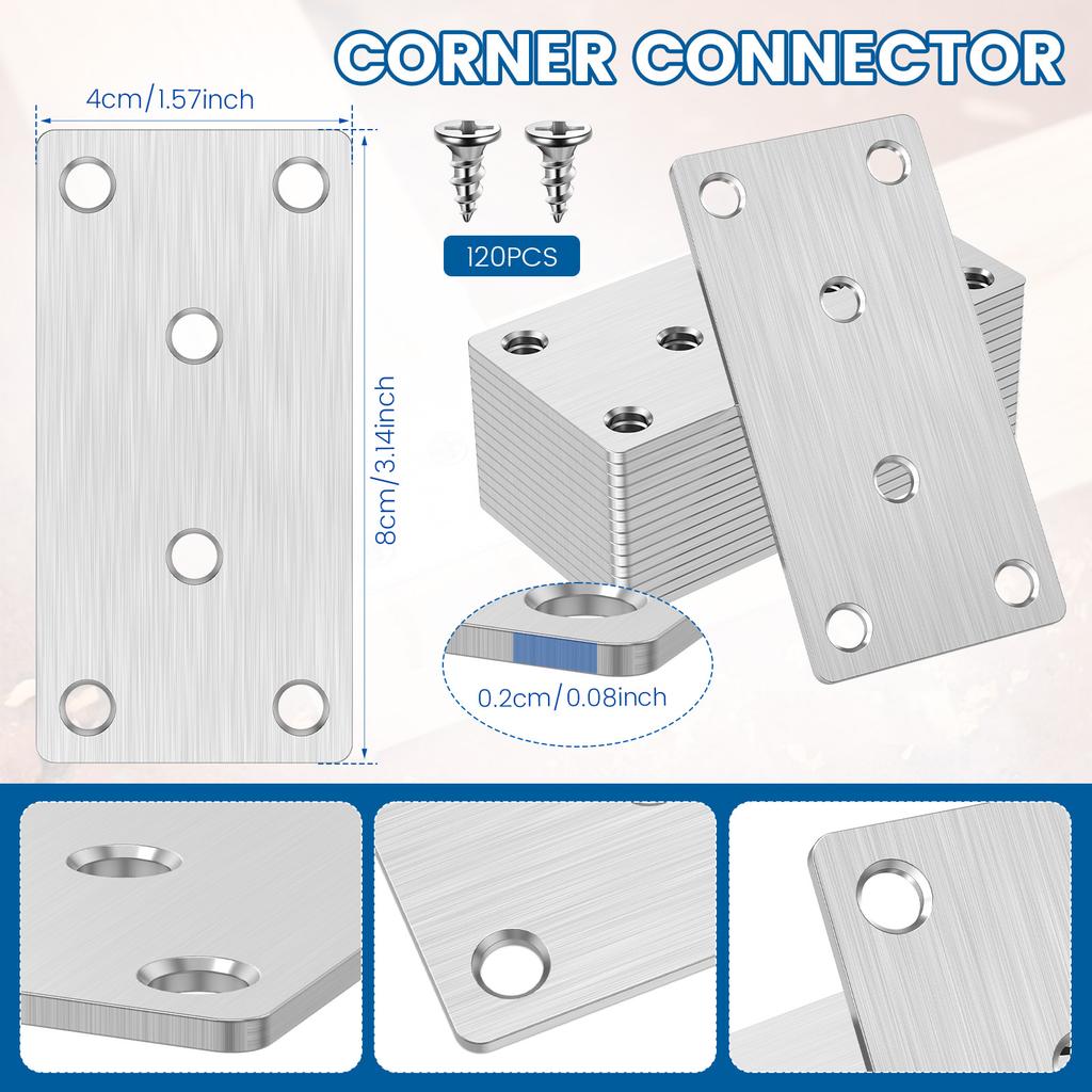 20Sets Flat Bracket 201 Stainless Steel Connector Multipurpose Repairing Plate with Screws Portable Wooden Furniture Fasteners