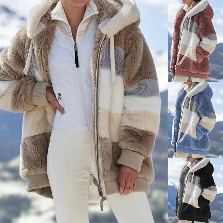 Autumn and Winter Warm Plush Patchwork Zipper Pocket Hooded Jacket for Women