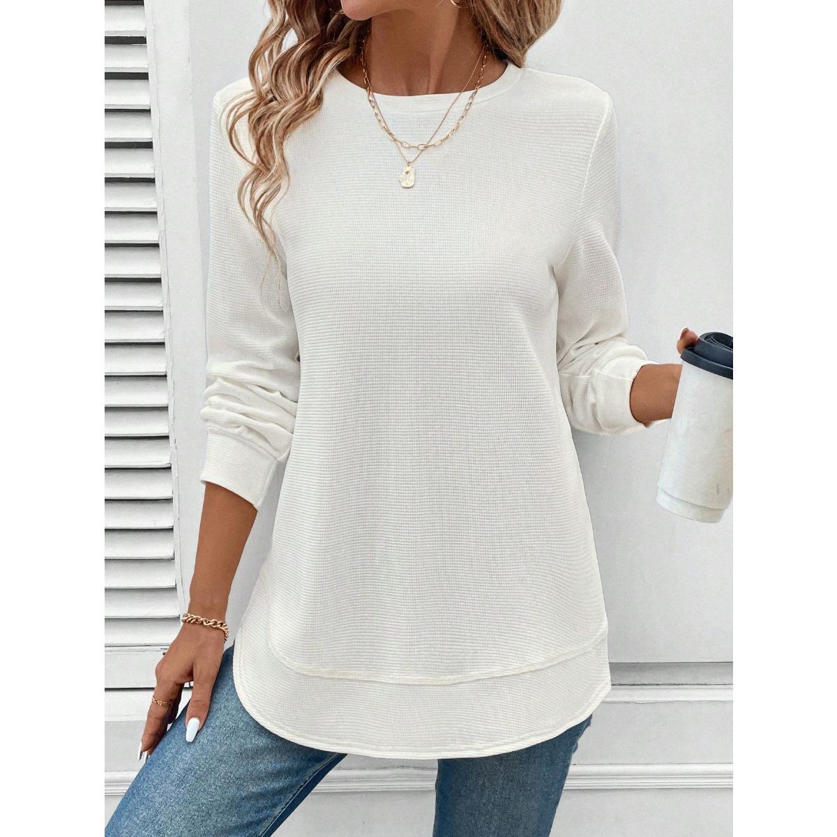 

Autumn and Winter New Loose Temperament Fashionable Women s Clothing Solid Color Round Neck Long Sleeved Sweatshirt S білий