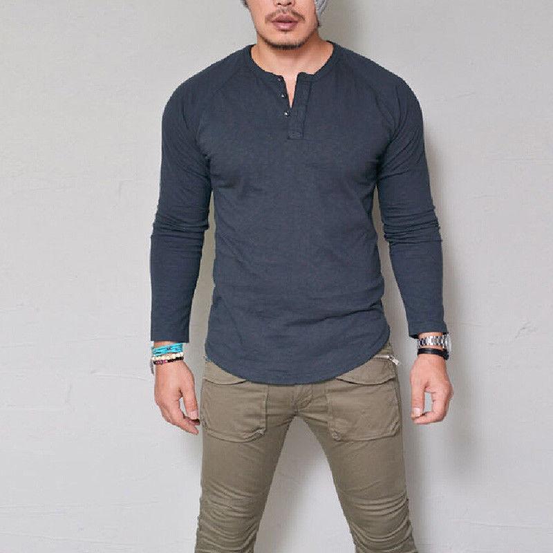 Mens Long Sleeve Henley T Shirt Solid Color Slim Fit Casual