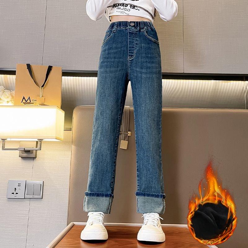 

Девочки Осень и Зима Джинсы Корейские Плюс Бархат Теплые Брюки Девочки Модные Прямые Брюки 150