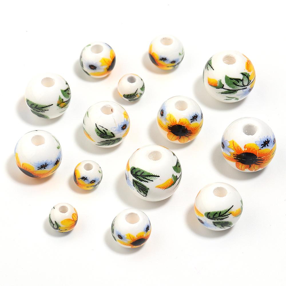20-30pcs 6/8/10/12mm Ceramic Round Beads Colored Flower Pattern Jingdezhen Porcelain Beads For DIY Bracelet Necklace Accessories