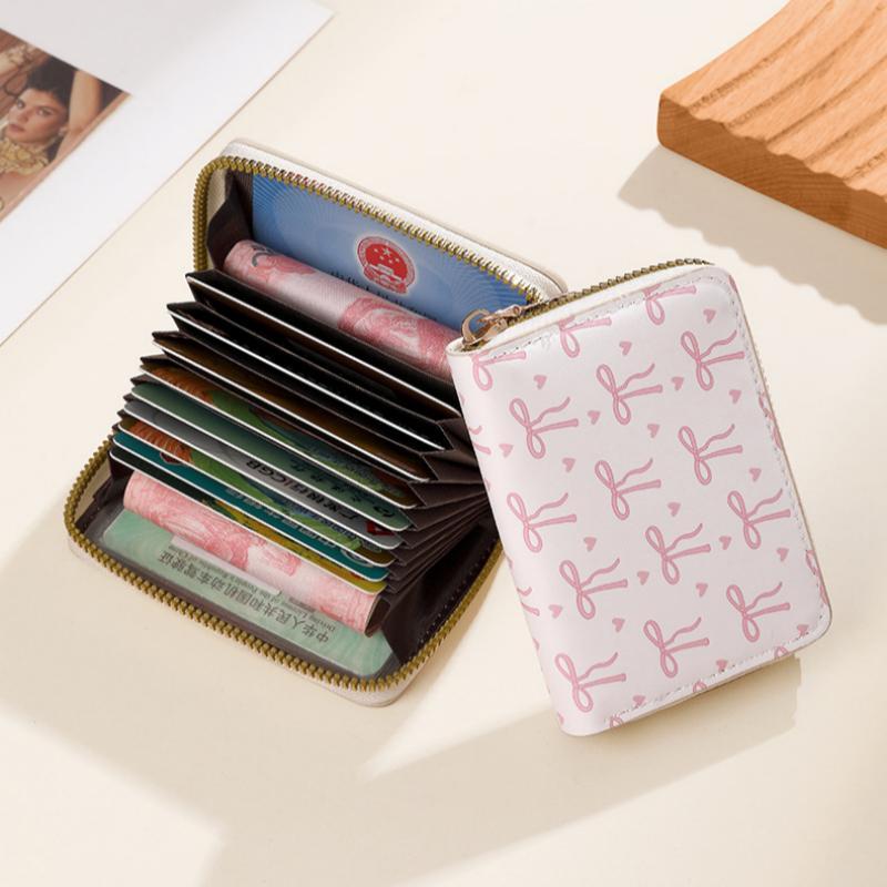 Cute Bow Print PU Leather Card Holder Multiple Slots Secure Zipper Coin Purse Small Wallet for Weekend Trips