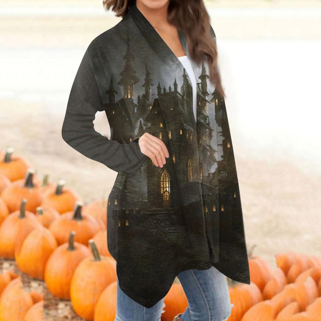 Women's Fashion Casual Halloween Print Medium Length Cardigan Jacket Coat