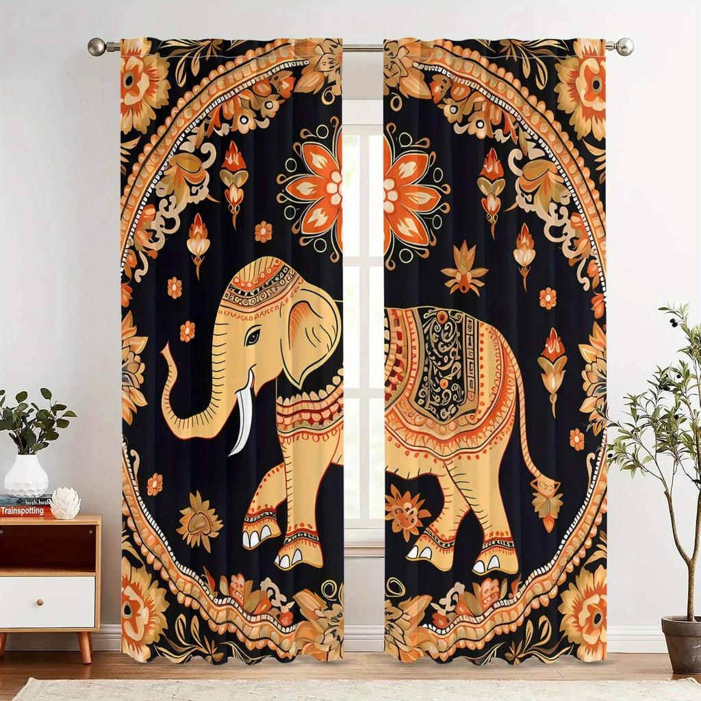 2 stuks Thaise Olifant Print Gordijnen - Levendig Bloemen- en Geometrisch Ontwerp, Verduisterend Stof, Stangzak Ophanging, Machinewasbaar