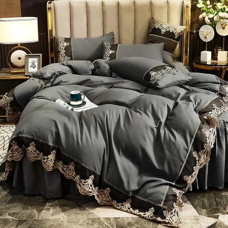 4pcs/set European Light Luxury Embroidery Lace Bed Skirt Four Piece Set Bedding Korean Princess Style Solid Nude Sleeping Comfortable Quilt Pillow Set