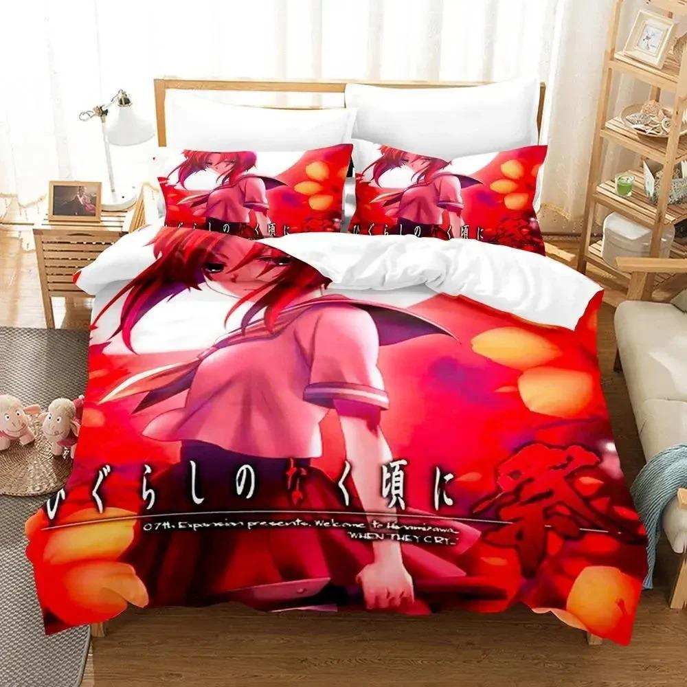 Anime When They Cry - Higurashi Bedding Set Duvet Cover Bed Set Quilt Cover Pillowcase Comforter King Queen Size Boys Adult
