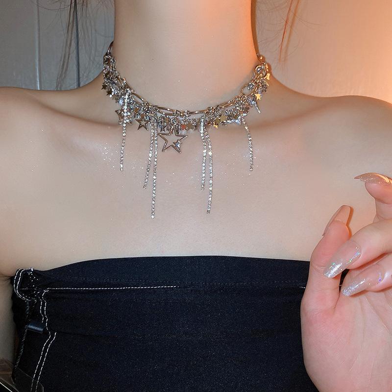 Nowy Punkowy Styl Błyszczący Łańcuszek Gwiazda Frędzle Choker Naszyjnik Dla Kobiet Biżuteria Imprezowa Collares Naszyjnik