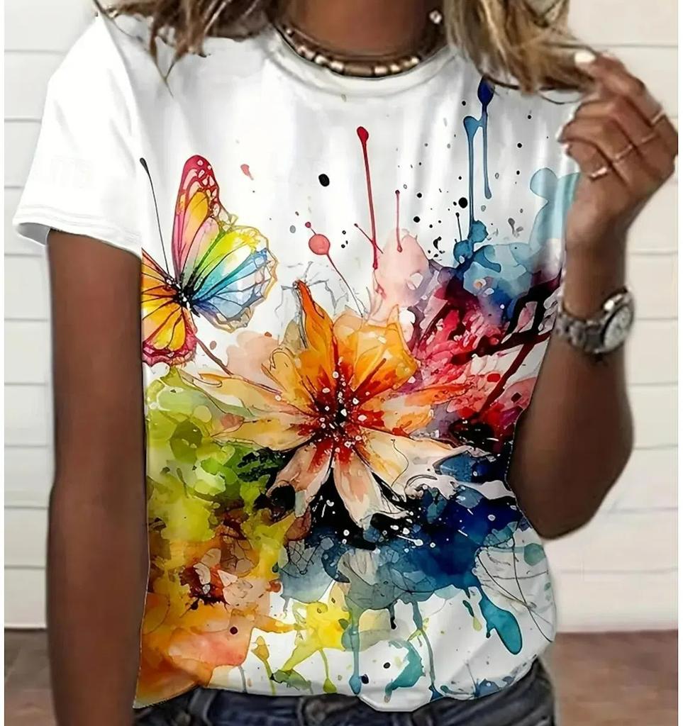 Plus Size Letnia Moda Damska Koszulka Piękne Kwiaty Stylowy Nadruk Swobodny Okrągły Dekolt Krótki Rękaw Topy Koszulki Odzież