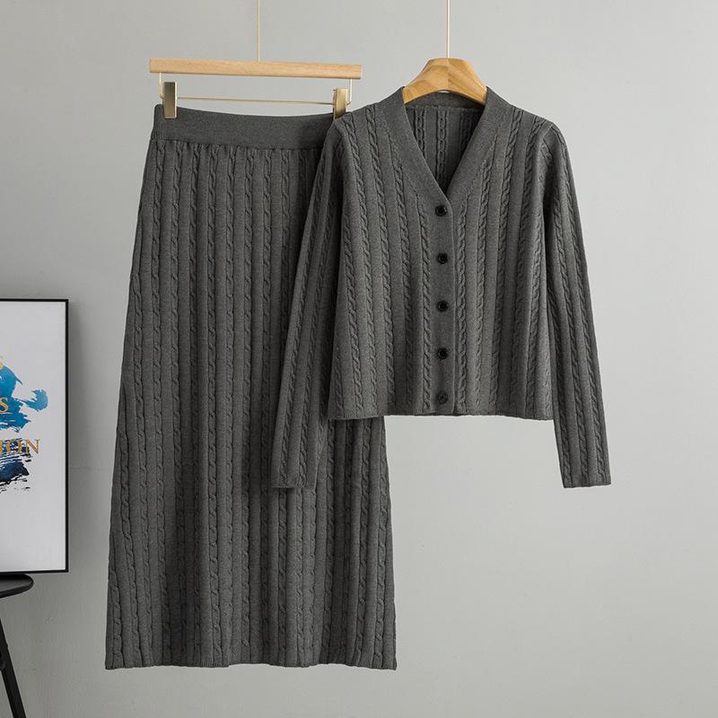 Women's Autumn/Winter Knit Cardigan & Skirt Set: Slim Fit, Hip-Hugging, Trendy Two-Piece.