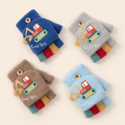 Guanti Bambino Bambina Inverno Caldi Guanti Lavorati a Maglia Carini Guanti Mezze Dita Scoperti Cartone Animato Stampa Escavatore Bambini Peluche per bambino 2-5 anni
