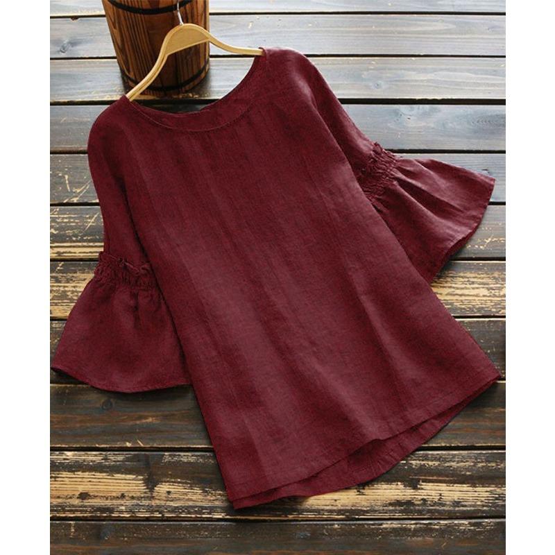 Damen Sommer Bluse Kurzarm Unifarben Rundhals Rüschenärmel Hemd