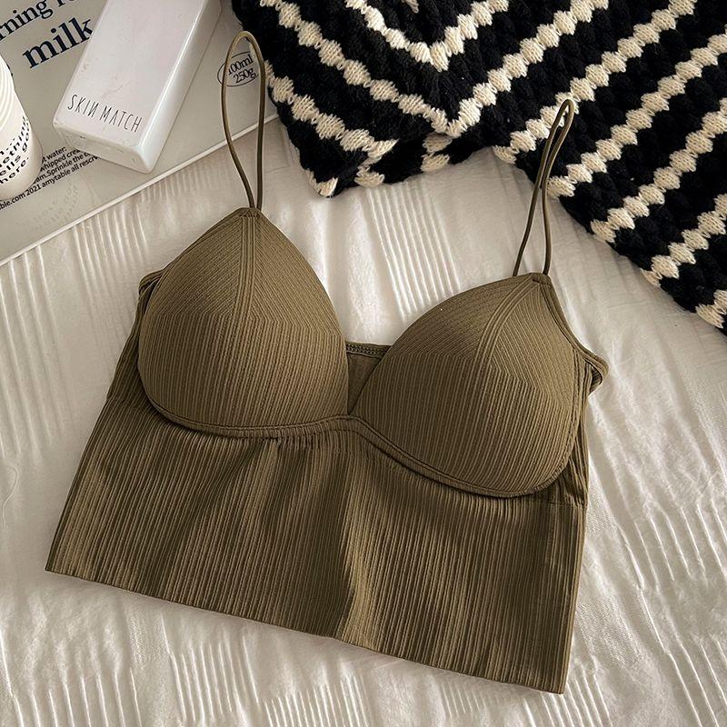 

Women s Low-Cut V-neck Sexy Sling Outwear Fashion Wind Belt Chest Pad Vest Sleeveless Inner Match Short Beautiful Back Clothes Summer Green All yards