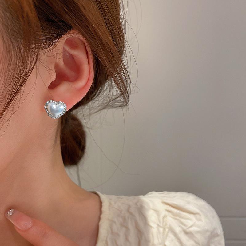 14K Gold & Silver Heart-Shaped Diamond Stud Earrings - Korean Style