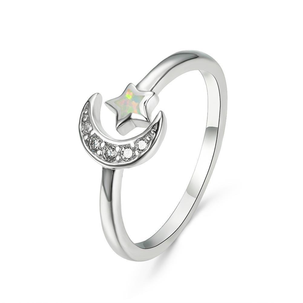 Fashionable White Star Micro Inlaid White Diamond Moon Opening Womens Versatile Ring