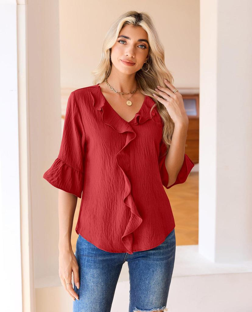 2026 Fashion Style 3/4 Sleeve Ruffle Lantern Collar Casual Top