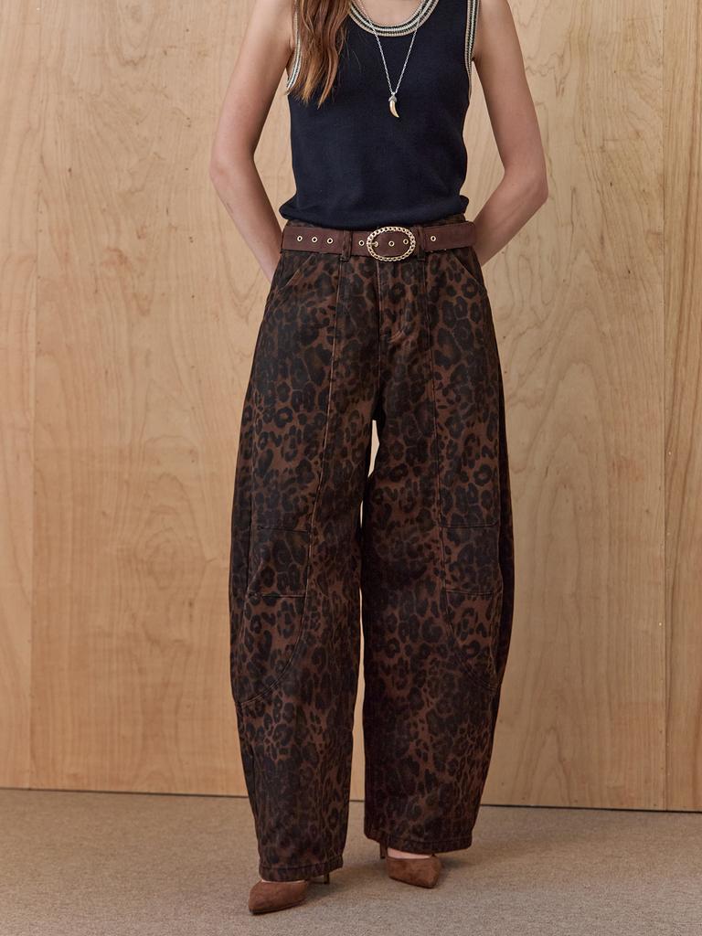 MAXZA Vintage Leopard Curved Wide Cotton Pants