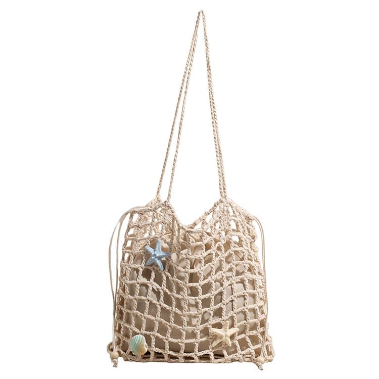 Summer vacation drawstring lined fishing net woven bag
