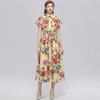 Elegant Turn Down Collar Short Sleeve Slim Long Maxi Dresses Women Summer Lapel Flower Print Casual Long Dress with Belt