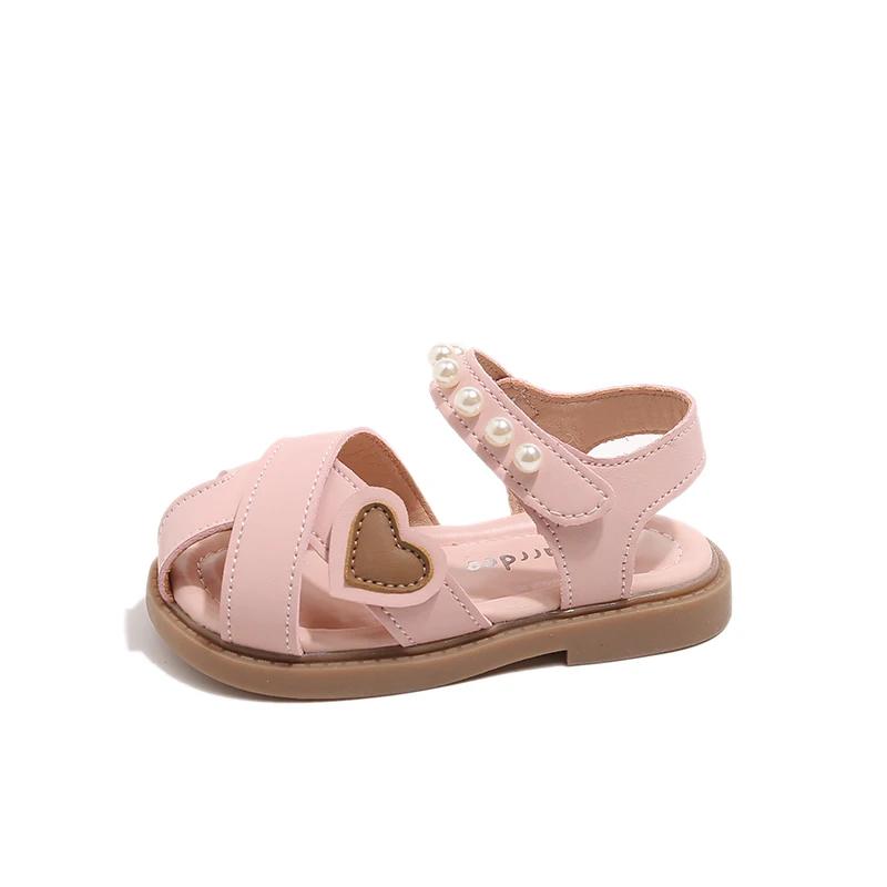Toddlers Girls Sandals Kids Heart Sandals with Pearls Beading Toe-covered Anti-skid 2025 Summer Brand New Fashion Princess Shoes