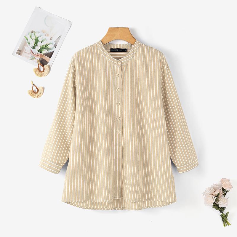 ZANZEA Women Casual Round Neck 3/4 Sleeve Loose Stripe Blouse