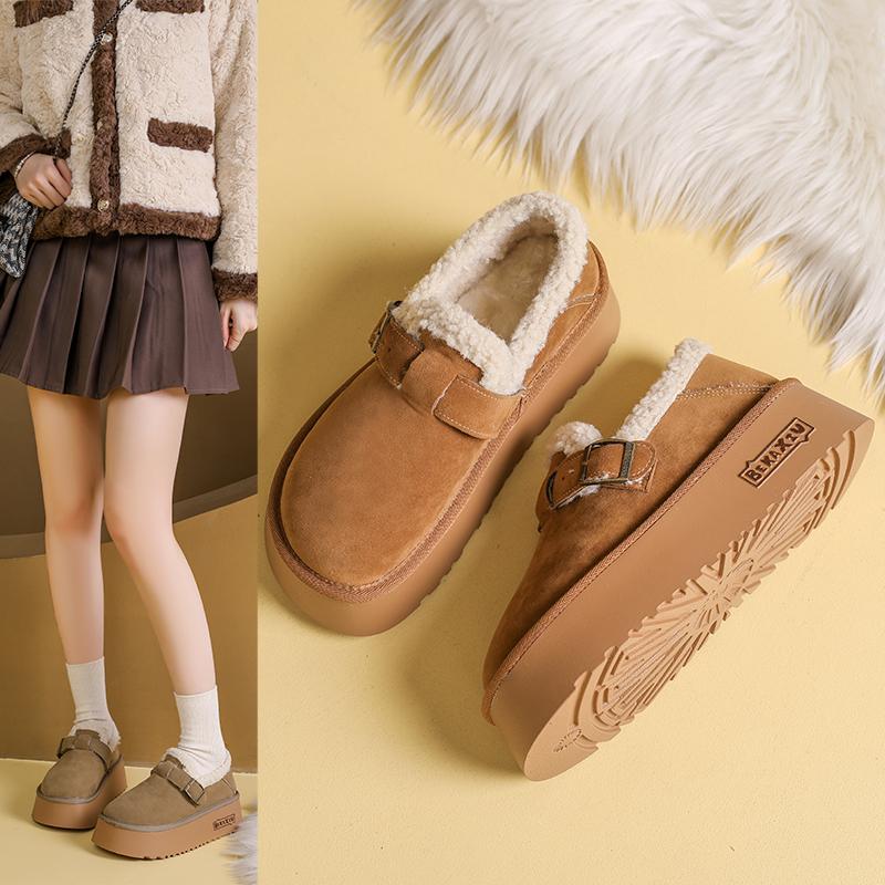 Mode 2025ny Vinter Retro Päls Boken Skor Kvinnor Plus Sammet Bönskor Lättplattform Slip-on Varma Bomullsskor