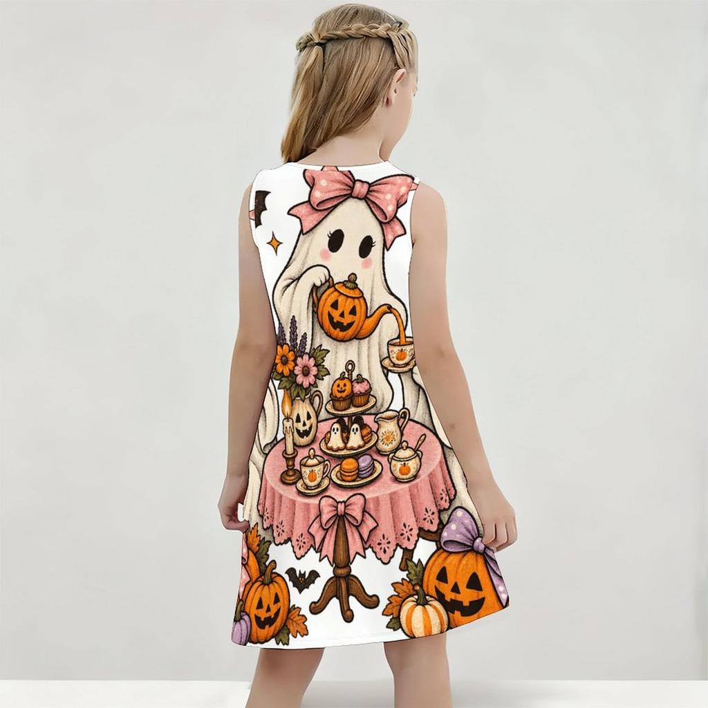 Girls Round Neck Sleeveless A Line Flared Hem Dress Halloween Raccoon Pumpkin Printed