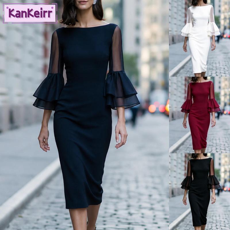 Kankeirr Women's Fashion Spring Autumn 1/2 Sleeves One-shoulder Solid Color Print Casual Dresses