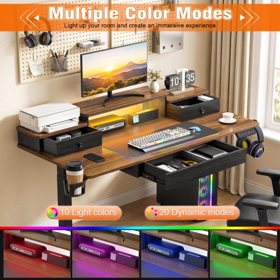 PC Gaming Desk Electric Lift Computer Desk Standing with Drawers Home Ergonomic Monitor Stand Power Outlets & LED Lights Height Adjustable Cable
