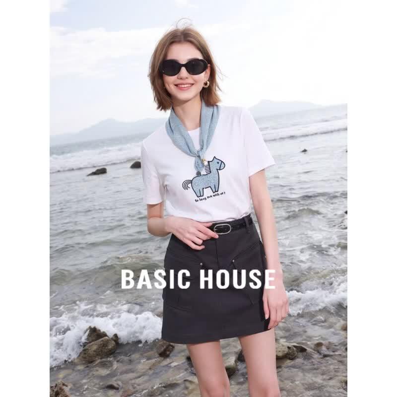 Basic House Women s Embroidered Round Neck Short Sleeve T-Shirt One Size