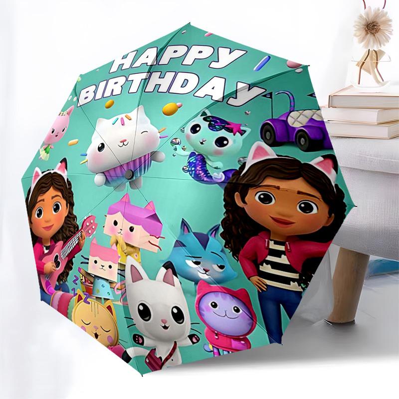 1pc Happy Birthday Cat Friends Automatic Folding Umbrella, Portable 3-Fold Design with 8-Bone Iron Frame, Outdoor for Fans, Travelers, Daily Use, Gift