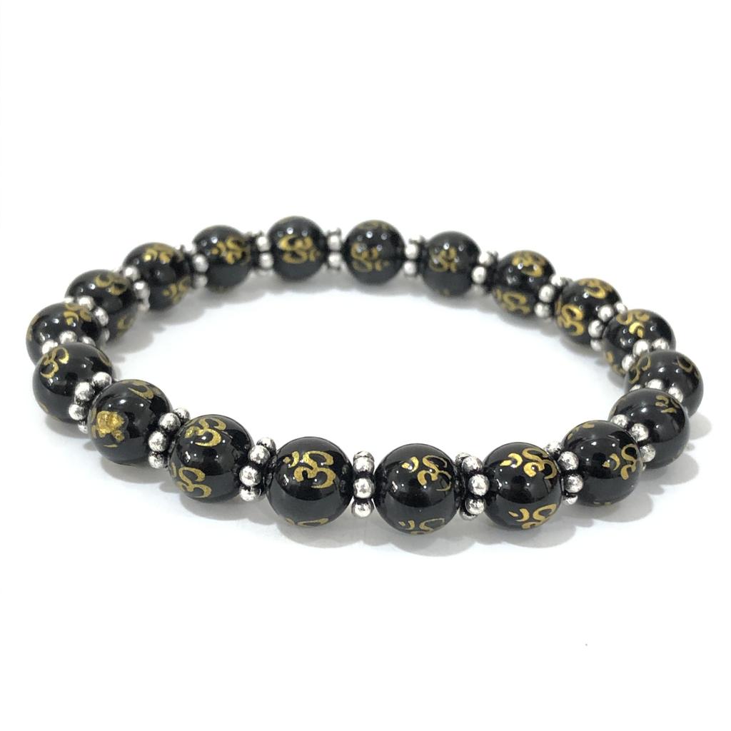 Black Onyx OM Beads Stretchable Bracelet 7.5" , Good-Luck Beads Bracelet For Your Love, Handmade Jewelry, Unisex Gift CSB-42