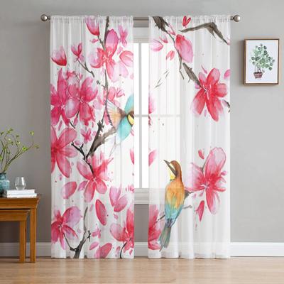 Spring Watercolor Flower Bird Tulle Curtains for Living Room Bedroom Sheer Curtain for Balcony Hall Fashion Printed Home Drapes