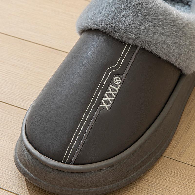 Winter extra large size cotton slippers PU leather slippers waterproof thick-soled home indoor non-slip warm shoes