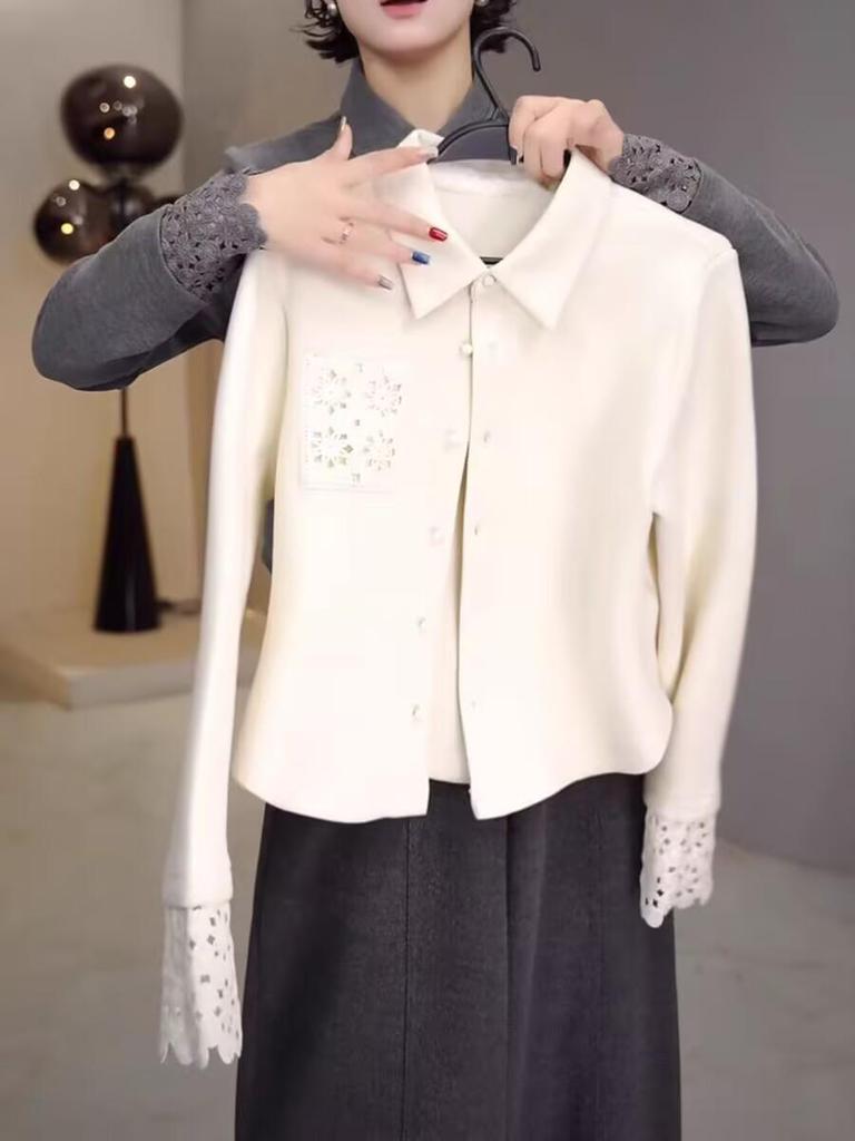 Double-Sided Velvet Lace Lapel Cardigan: Solid Color, Long Sleeve Women's Autumn/Winter Top