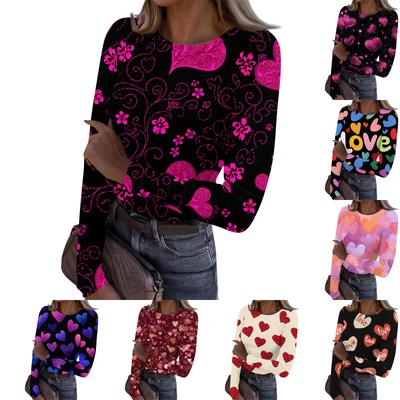 Women's Casual And Fashionable Round,neck Long,sleeved Ribbed Top With Valentine's Day Print.