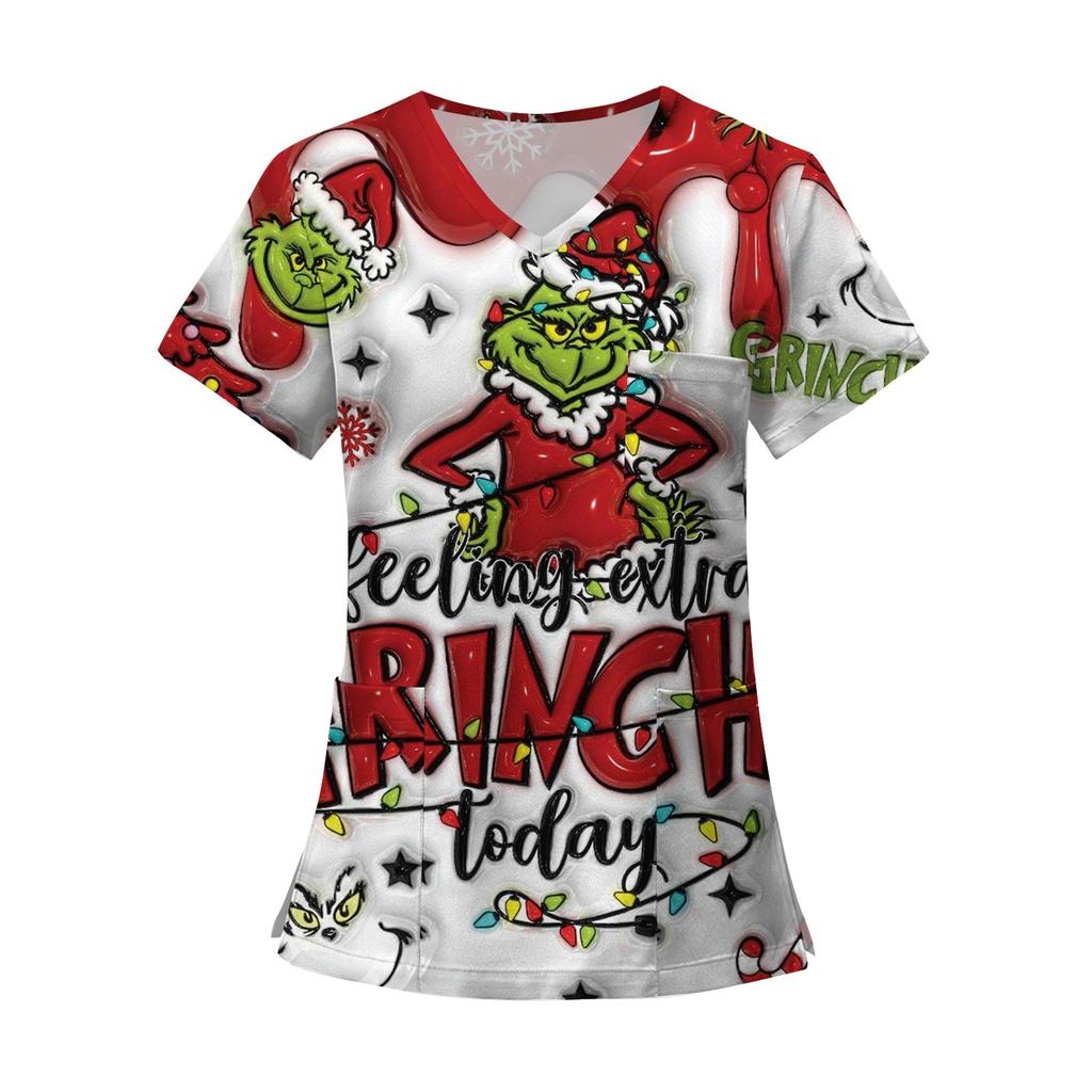 Damenmode Bedruckte Kurzarm-Oberteile mit V-Ausschnitt und Muster, Taschen, Arbeits-T-Shirts